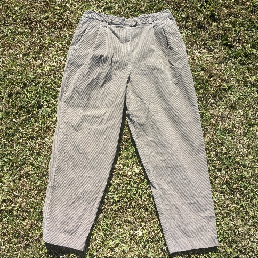 Vintage 90s Gray Corduroy Pants 14P High Waisted Straight Leg Pleated Trousers